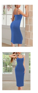 Détail de la robe midi moulante bleue élégante dotée de fines bretelles spaghetti