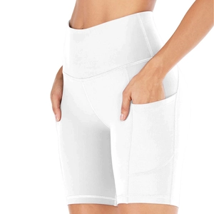 Women's high-waisted white yoga shorts with side pockets for fitness and gym training