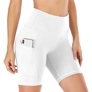 White high-waisted yoga shorts with side pockets for phone storage and body shaping