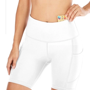White high-waisted yoga shorts with functional side pockets and elastic slimming fit