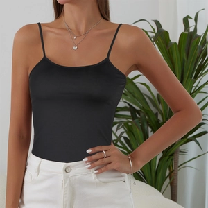 Women's black thin strap camisole top with silky texture and elegant slim fit style