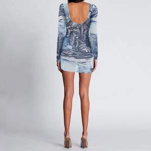 Women's backless mini dress with blue vintage digital mesh print and long sleeves