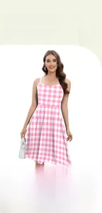 Detailed view of pink and white checkered digital print on high waist A-line dress