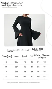 Size chart for black long sleeve backless dress with fabric specs and measurements