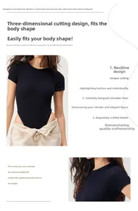 Detail of black ribbed bodysuit featuring slim fit crew neck and high-cut leg opening