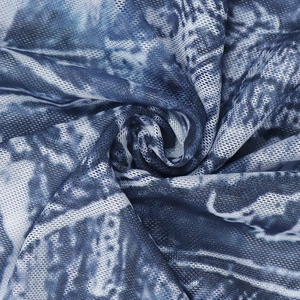 Blue and white digital print mesh dress with abstract marble pattern mesh fabric detail
