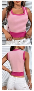 Détail du débardeur en maille côtelée rose avec bords magenta, vues avant et arrière