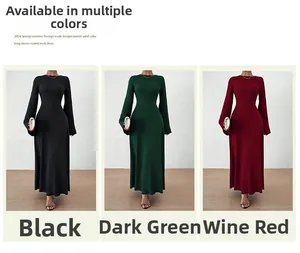 Three-panel view showing black, dark green, and wine red long sleeve slim maxi dresses
