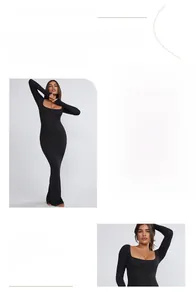 Close-up of elegant black slim fit long sleeve maxi dress with stylish U-neck design