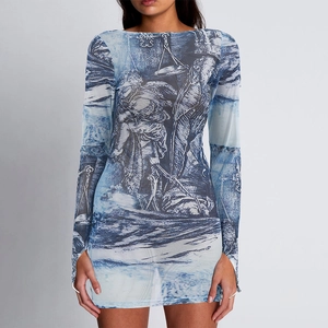 Mesh mini dress with vintage digital print, slim fit long sleeves and crew neck style