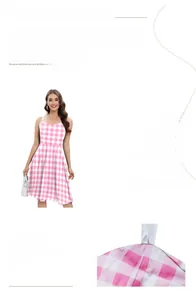 Detailed view of pink gingham dress featuring digital printing and pleated hem design