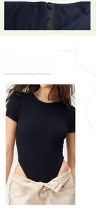 Close-up of ribbed fabric bodysuit showing snap button closure and slim fit tailoring