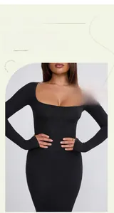 Detail of elegant black long-sleeve dress with a deep square neckline and slim-fit texture