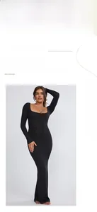 Detail showing the deep U-neck and tight long sleeves of this black maxi dress