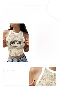 Close-up detail of digital printed New York sleeveless crop top with contrast piping