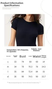 Size chart and fabric details for navy blue ribbed crewneck slim fit bodysuit top
