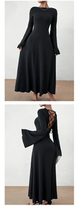 Detail view of the backless cross lace-up design and elegant flared sleeves on black dress