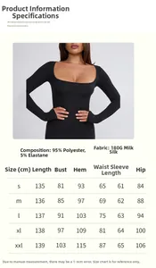 Detailed size chart for long sleeve bodycon dress showing cm measurements from S to XXL