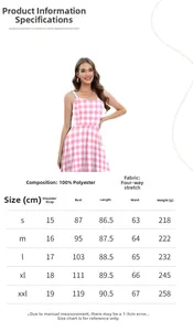 Detailed size guide table for pink plaid A-line dress in sizes S to XXL with measurements