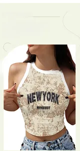Close-up of New York Midwest print on cropped sleeveless tank top with white piping