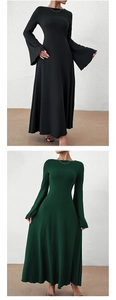 Detailed view of long bell sleeves and elegant draping on a slim-fit maxi dress