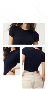 Detail view of navy blue ribbed bodysuit with slim-fit crew neck and short sleeves design