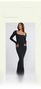 Close-up showing the stretchable fabric texture and U-neckline of the black bodycon dress