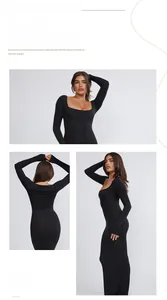 Detailed front, side and back views of black long sleeve U-neck bodycon maxi dress