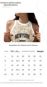 Detailed size chart for the sleeveless New York printed crop top with fabric specifications