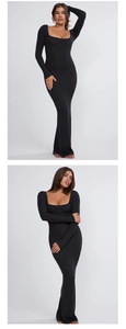 Detail of the elegant square neckline and sleek long sleeves on the black slim fit dress