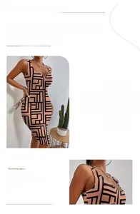 Détail d'une robe moulante sans manches avec motifs géométriques noirs sur fond beige