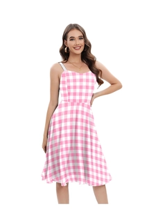 Detail view of pink and white plaid sleeveless dress with a flared A-line silhouette