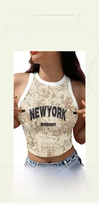 Detail of New York printed cropped halter tank top with vintage digital floral patterns