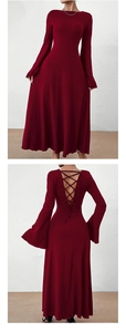 Detail view of burgundy backless maxi dress with cross-tie design and flared sleeves