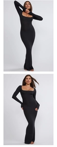 Detail view of the sleek square neckline and premium fabric of this black bodycon maxi dress