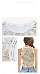 Close-up of digital marble print cropped tank top with white contrast piping detail