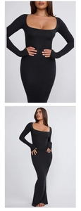 Detail view of square neck black bodycon maxi dress with thumbhole long sleeves