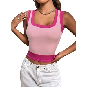 Débardeur court côtelé bicolore rose pour femme avec col carré et coupe ajustée
