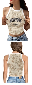 Front and back view of a slim crop top with New York print and marble texture