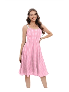 Detail showing pink and white gingham fabric texture on a flared A-line dress