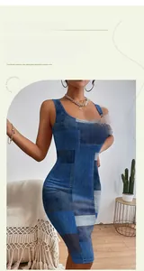 Close-up of a slim fit bodycon dress featuring 3D geometric denim-style digital printing