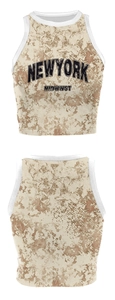 Front and back detail of cropped tank top with marble print and New York graphics