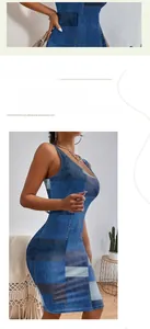 Detail view of bodycon dress featuring 3D geometric denim patchwork print and slim waist
