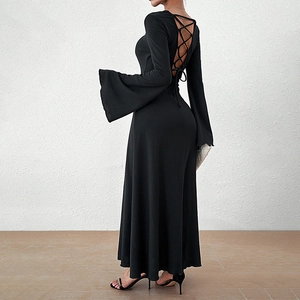 Women's Elegant Backless Lace Up Maxi Dress Slim Fit Bell Sleeve Long Dress For Party Banquet Solid Color Round Neck