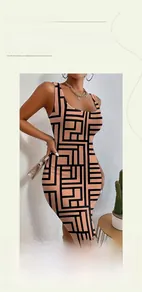 Robe moulante sans manches avec imprimé labyrinthe géométrique noir sur tissu beige