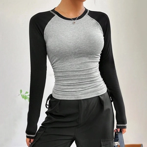 Women's slim fit color-block long sleeve T-shirt with drawstring sides and contrast stitching
