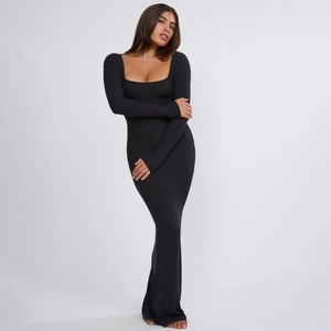 Women Sexy Bodycon Maxi Dress Square Neck Long Sleeve Solid Color Elegant Slim Fit Party Long Dress Streetwear