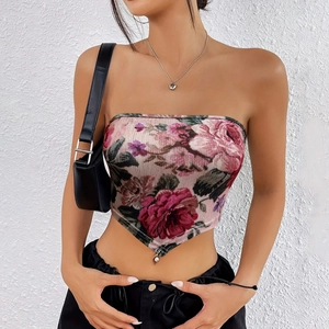 Top a Tubo da Donna Sexy con Stampa Floreale a Rose Vintage Orlo a Fazzoletto Crop Top Seta di Latte Fondo a V