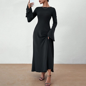 Elegant black long sleeve maxi dress with flare sleeves and slim fit waist for women