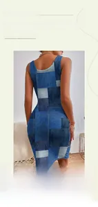 Detail of slim fit sleeveless dress featuring vintage denim patchwork style 3D geometric print
